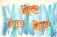 Three Goldfish linocut print